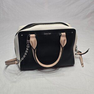 CALVIN KLEIN Boxy Small Leather Satchel, Bag, Handbag Black White Tan Zipper